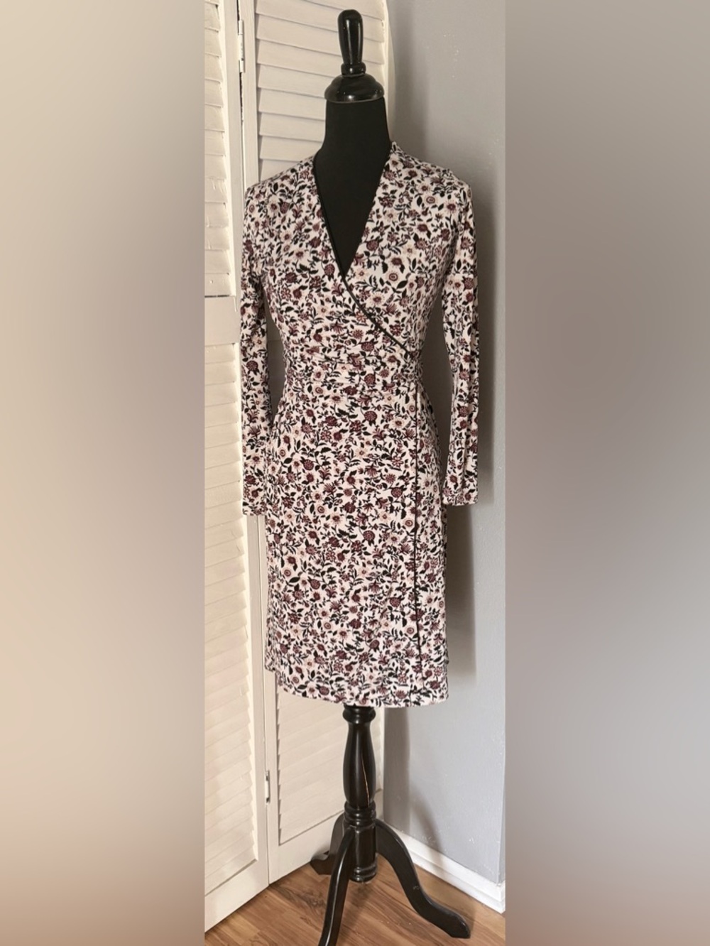 Ann Taylor Cream Floral Wrap Dress with Burgundy Print